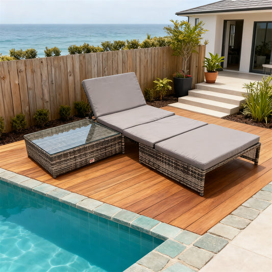 TYSF250102 Grey-Brown Woven Rattan Coastal Luxury Outdoor Adjustable Chaise Lounge Set – Deep Grey Cushion & Textured Glass Storage Side Table