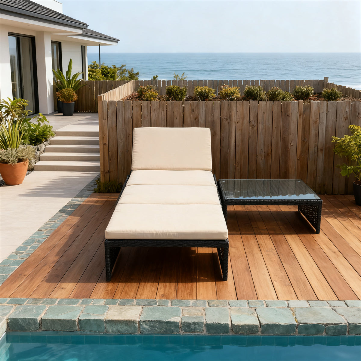 TYSF250101 Black Wicker Coastal Poolside Luxury Outdoor Chaise Lounge Set – Adjustable Cream Cushion & Black Glass Side Table