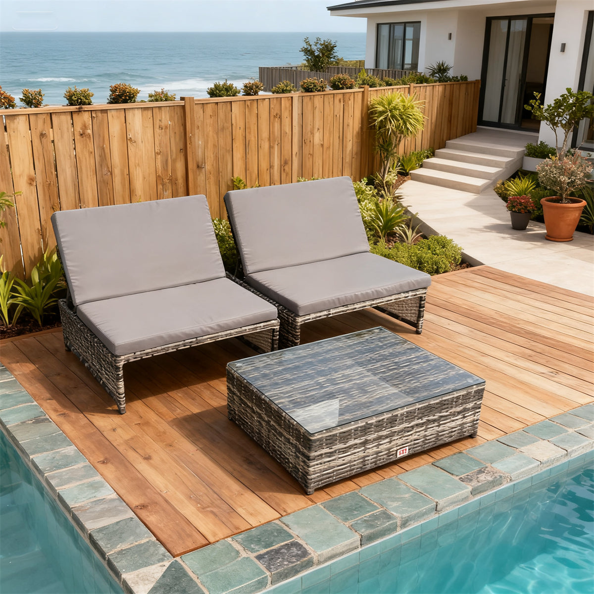 TYSF250102 Grey-Brown Woven Rattan Coastal Luxury Outdoor Adjustable Chaise Lounge Set – Deep Grey Cushion & Textured Glass Storage Side Table
