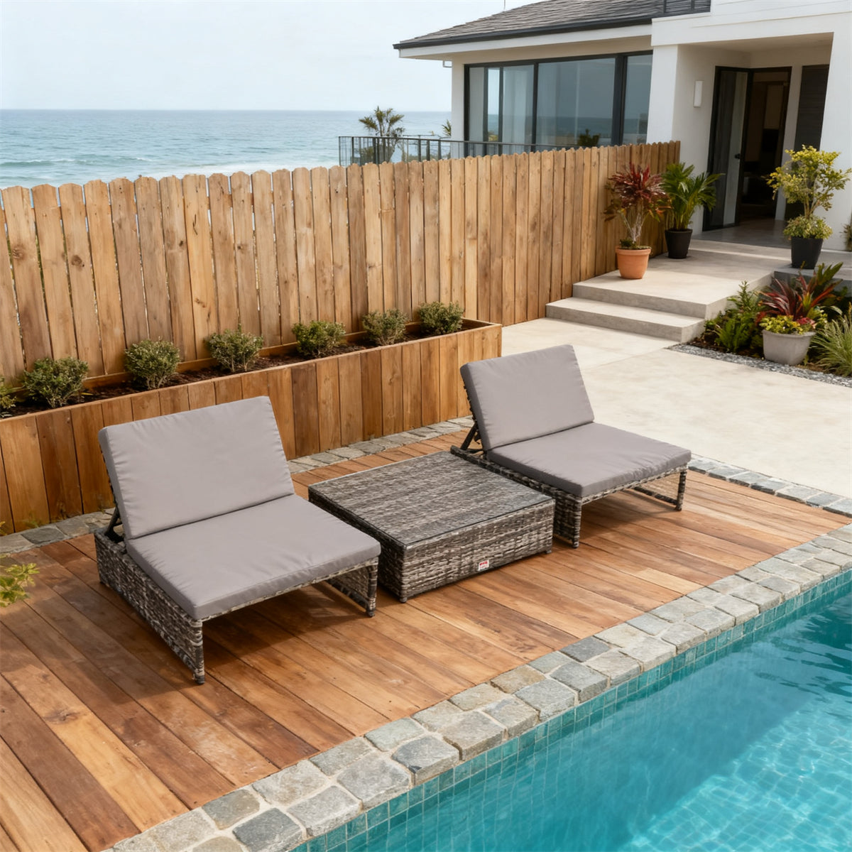 TYSF250102 Grey-Brown Woven Rattan Coastal Luxury Outdoor Adjustable Chaise Lounge Set – Deep Grey Cushion & Textured Glass Storage Side Table