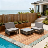 TYSF250102 Grey-Brown Woven Rattan Coastal Luxury Outdoor Adjustable Chaise Lounge Set – Deep Grey Cushion & Textured Glass Storage Side Table