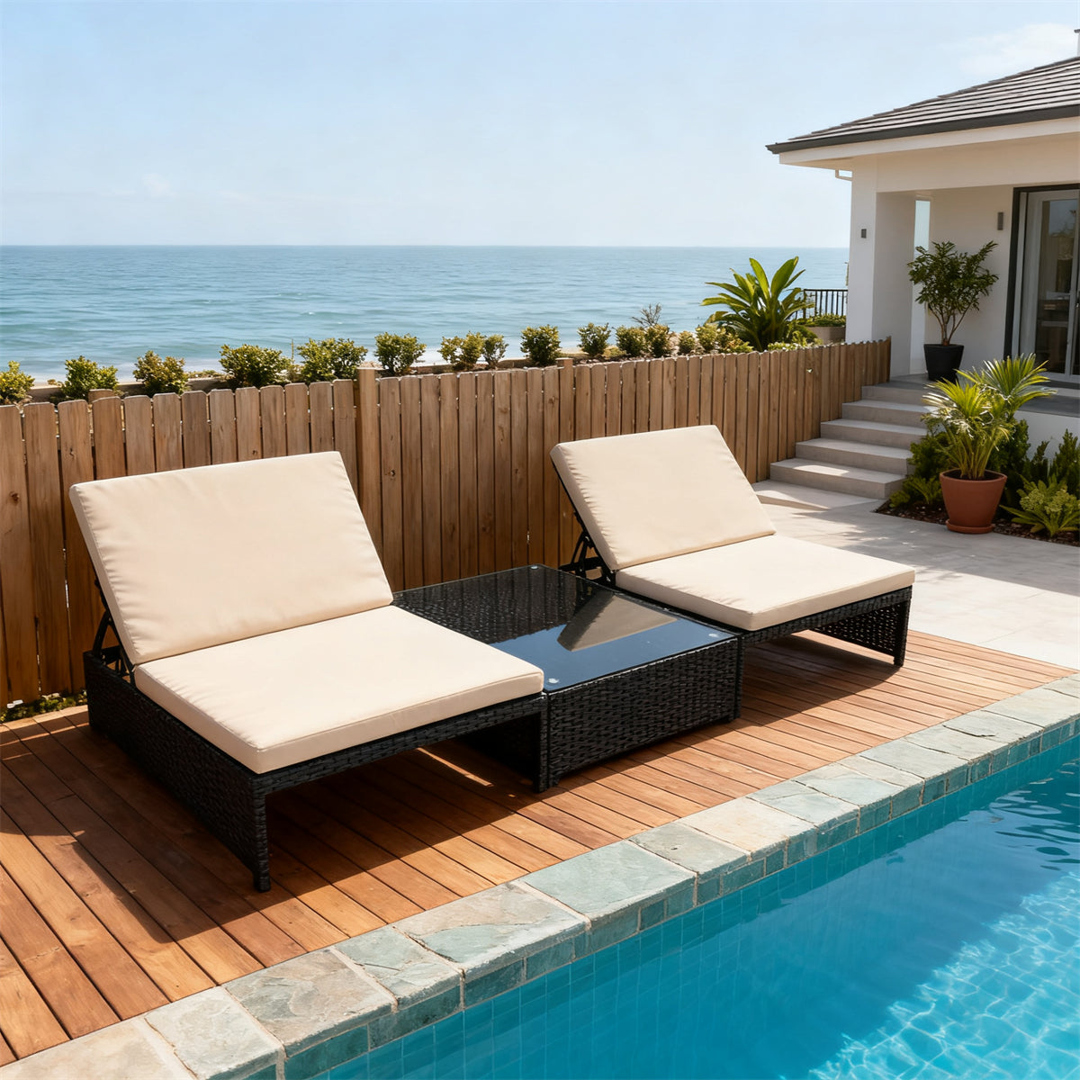 TYSF250101 Black Wicker Coastal Poolside Luxury Outdoor Chaise Lounge Set – Adjustable Cream Cushion & Black Glass Side Table