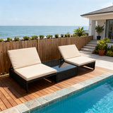 TYSF250101 Black Wicker Coastal Poolside Luxury Outdoor Chaise Lounge Set – Adjustable Cream Cushion & Black Glass Side Table