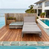 TYSF250102 Grey-Brown Woven Rattan Coastal Luxury Outdoor Adjustable Chaise Lounge Set – Deep Grey Cushion & Textured Glass Storage Side Table