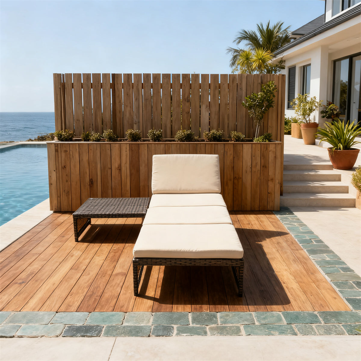 TYSF250103 Dark Brown Wicker Coastal Poolside Luxury Outdoor Adjustable Chaise Lounge Set – Cream Thick Cushion & Rattan-Textured Glass Side Table