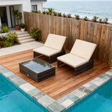 TYSF250103 Dark Brown Wicker Coastal Poolside Luxury Outdoor Adjustable Chaise Lounge Set – Cream Thick Cushion & Rattan-Textured Glass Side Table