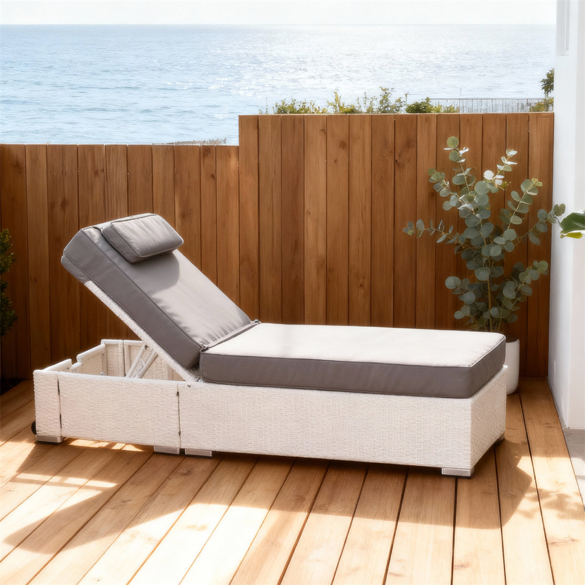 TYSF2502 White Rattan Adjustable Outdoor Sun Lounger with Storage & Grey Two-Tone Cushions – Bondi Beach Coastal Terrace Luxury Outdoor Reclining Sunbed