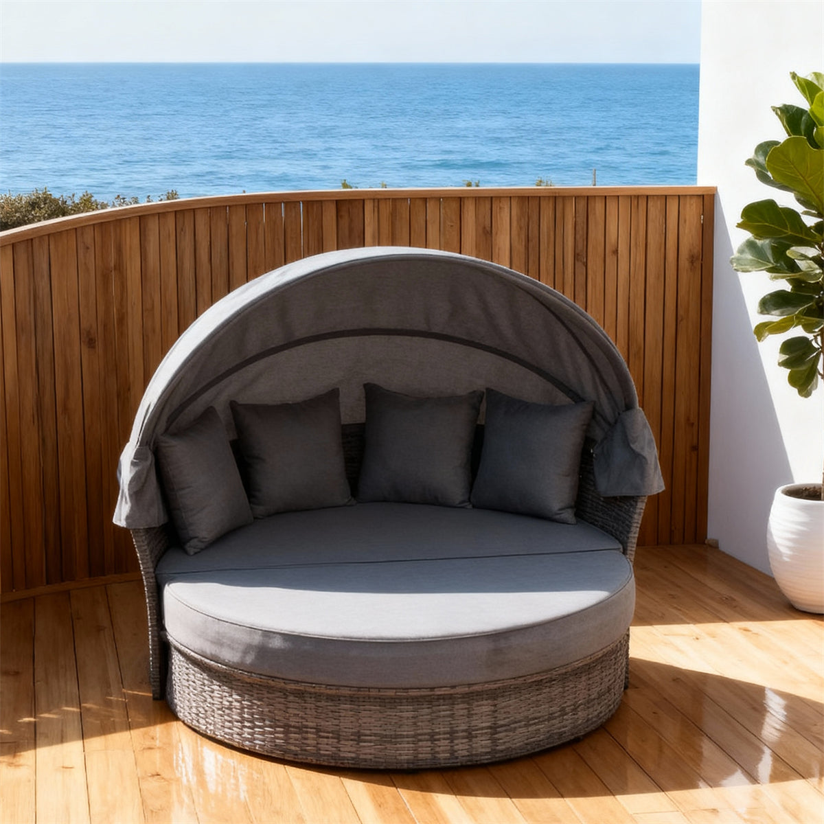TYSF2503 Grey Rattan Circular Canopy Outdoor Daybed with Cushions – Gold Coast Coastal Curved Terrace Luxury Outdoor Canopy Daybed