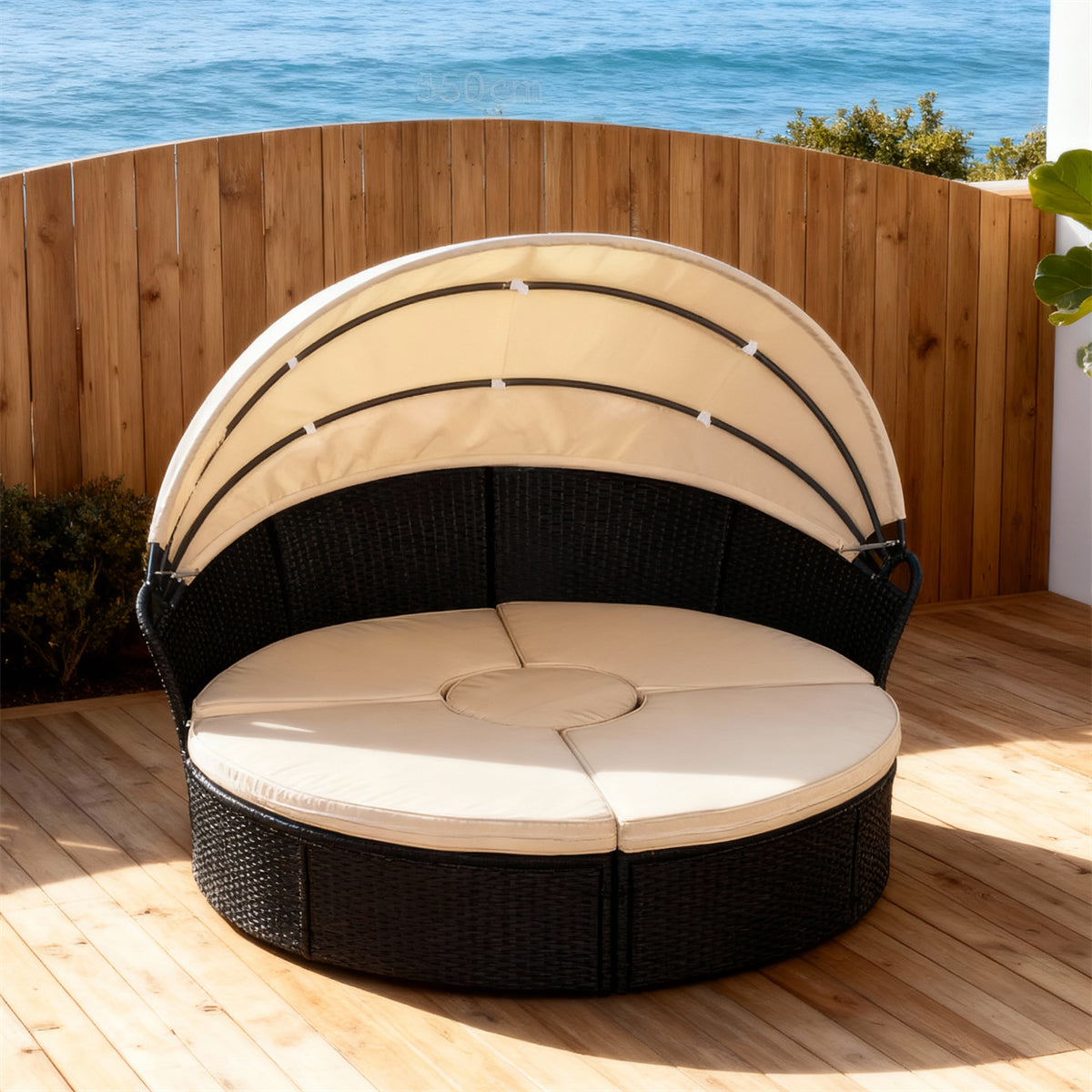TYSF2504 Black Rattan Circular Canopy Outdoor Daybed with Central Storage Table & Cream Cushions – Whitsunday Islands Coastal Terrace Luxury Multi-Functional Outdoor Canopy Daybed