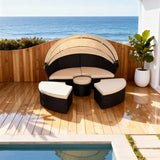 TYSF2504 Black Rattan Circular Canopy Outdoor Daybed with Central Storage Table & Cream Cushions – Whitsunday Islands Coastal Terrace Luxury Multi-Functional Outdoor Canopy Daybed