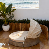 TYSF2504 Black Rattan Circular Canopy Outdoor Daybed with Central Storage Table & Cream Cushions – Whitsunday Islands Coastal Terrace Luxury Multi-Functional Outdoor Canopy Daybed