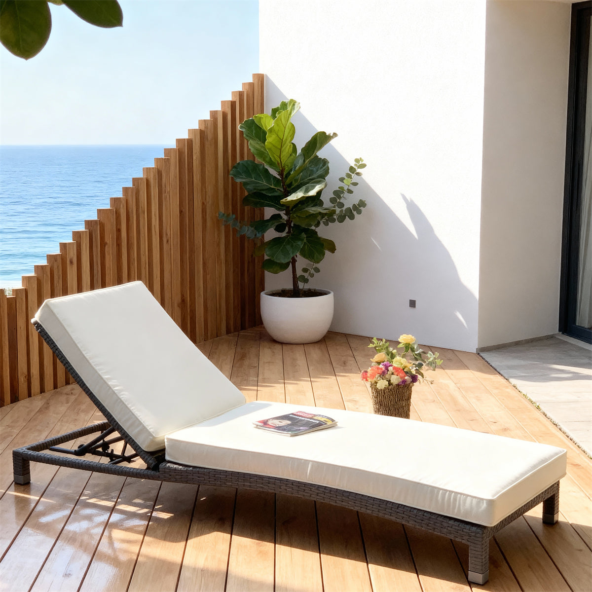 TYSF2505 Grey Rattan Adjustable Outdoor Sun Lounger with Cream Cushions – Byron Bay Coastal Pool Terrace Luxury Outdoor Reclining Sunbed