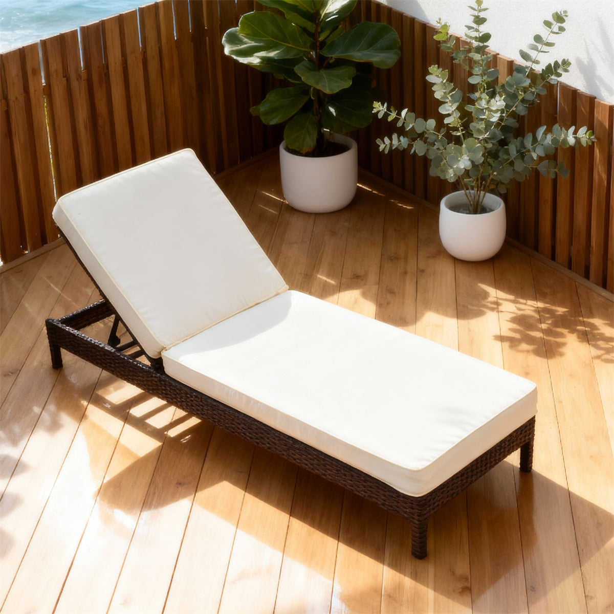 TYSF2506 Dark Brown Rattan Adjustable Outdoor Sun Lounger with Cream Cushions – Noosa Heads Coastal Terrace Luxury Outdoor Reclining Sunbed