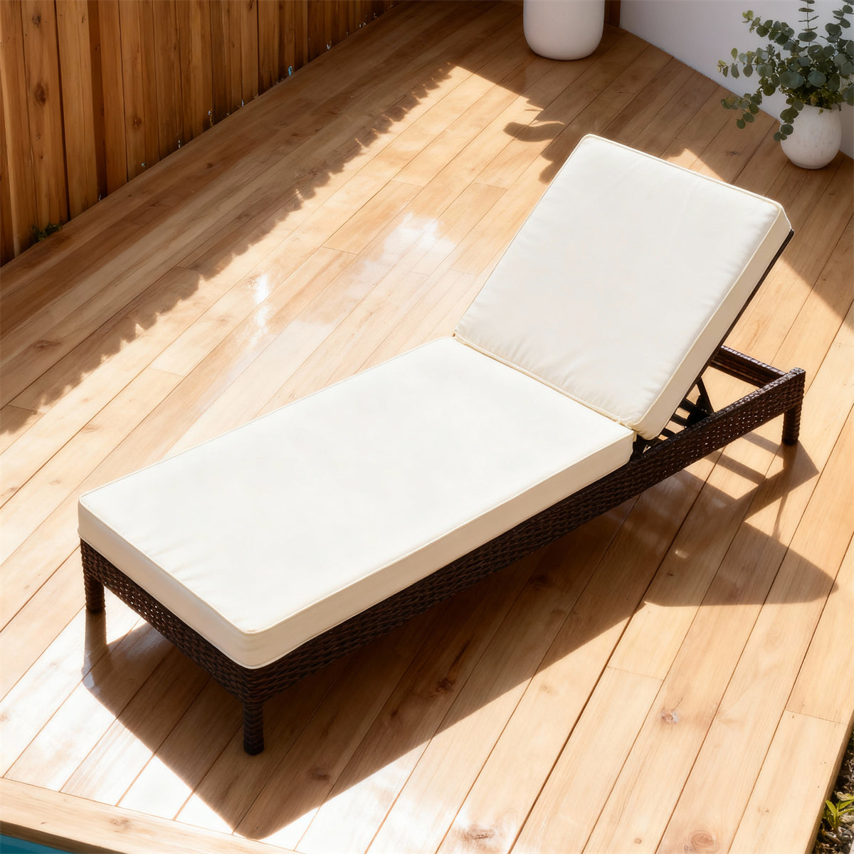 TYSF2506 Dark Brown Rattan Adjustable Outdoor Sun Lounger with Cream Cushions – Noosa Heads Coastal Terrace Luxury Outdoor Reclining Sunbed