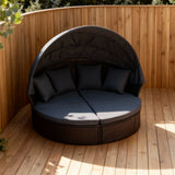 TYSF2507 Black Rattan Circular Canopy Outdoor Daybed with Turquoise Cushions – Cairns Great Barrier Reef Coastal Terrace Luxury Outdoor Canopy Daybed
