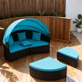 TYSF2507 Black Rattan Circular Canopy Outdoor Daybed with Turquoise Cushions – Cairns Great Barrier Reef Coastal Terrace Luxury Outdoor Canopy Daybed
