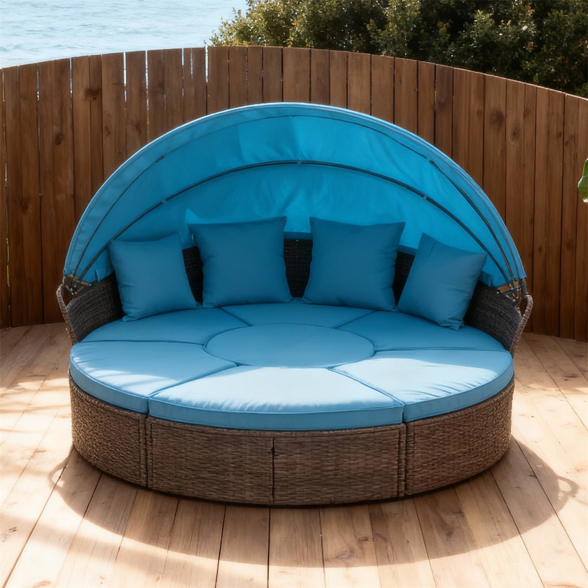 TYSF2508 Brown Rattan Circular Canopy Outdoor Daybed with Central Storage Table & Turquoise Cushions – Fiji Mamanuca Islands Coastal Terrace Luxury Outdoor Canopy Daybed