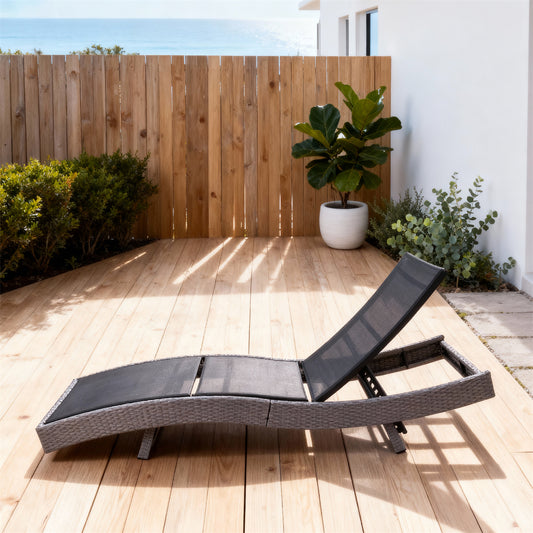 TYSF2509 Grey Rattan & Mesh Adjustable Outdoor Sun Lounger – Brighton Beach Melbourne Coastal Terrace Luxury Outdoor Reclining Sunbed
