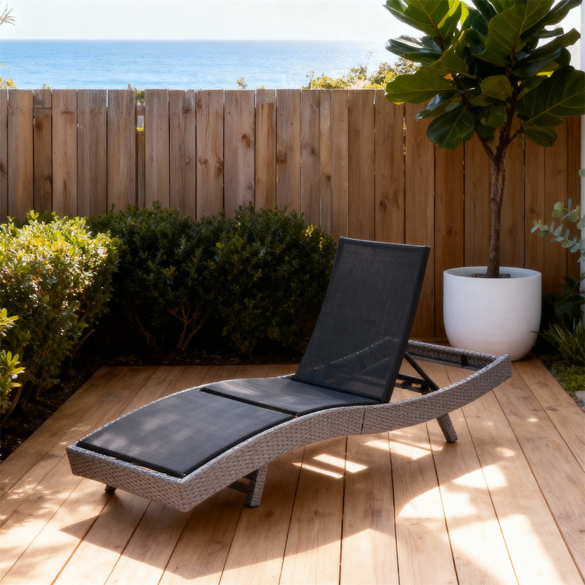 TYSF2509 Grey Rattan & Mesh Adjustable Outdoor Sun Lounger – Brighton Beach Melbourne Coastal Terrace Luxury Outdoor Reclining Sunbed