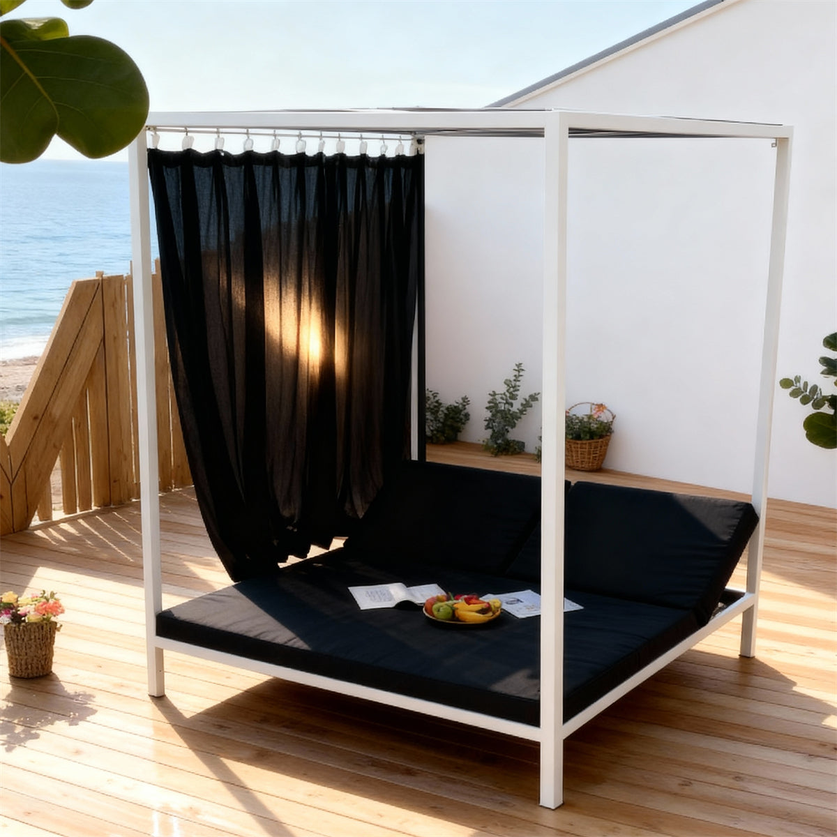TYSF2510 White Frame 4-Poster Outdoor Daybed with Curtains & Black Cushions – Santorini Coastal Terrace Luxury Private Outdoor Canopy Daybed