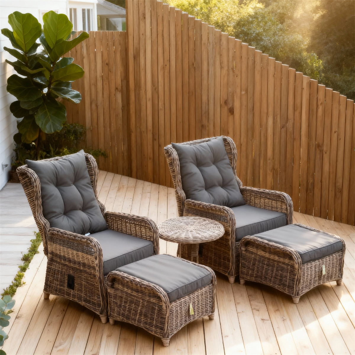 TYSF2511 Light Brown Rattan 5-Piece Outdoor Lounge Set with Dark Grey Cushions – Byron Bay Coastal Curved Terrace Luxury Outdoor Social Furniture Set