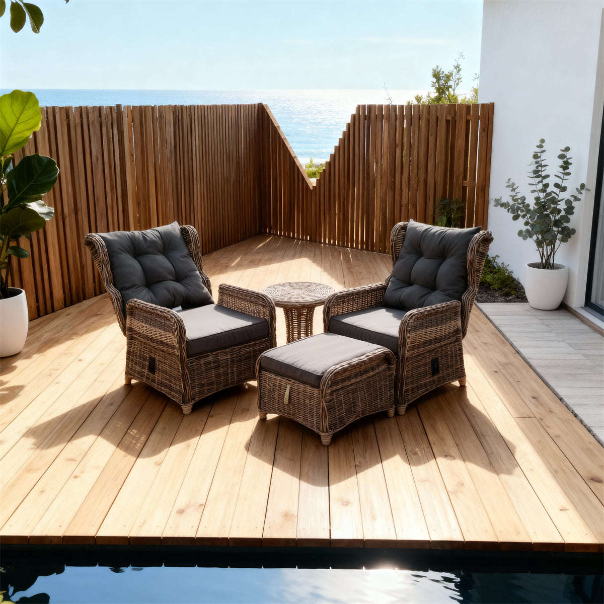 TYSF2511 Light Brown Rattan 5-Piece Outdoor Lounge Set with Dark Grey Cushions – Byron Bay Coastal Curved Terrace Luxury Outdoor Social Furniture Set