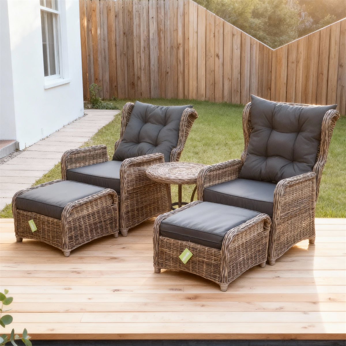 TYSF2511 Light Brown Rattan 5-Piece Outdoor Lounge Set with Dark Grey Cushions – Byron Bay Coastal Curved Terrace Luxury Outdoor Social Furniture Set