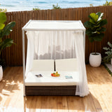 TYSF2512 White Rattan 4-Poster Outdoor Daybed with Sheer Curtains & Cream Cushions – Bali Jimbaran Beach Coastal Pool Terrace Luxury Private Outdoor Canopy Daybed