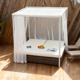 TYSF2512 White Rattan 4-Poster Outdoor Daybed with Sheer Curtains & Cream Cushions – Bali Jimbaran Beach Coastal Pool Terrace Luxury Private Outdoor Canopy Daybed