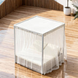 TYSF2512 White Rattan 4-Poster Outdoor Daybed with Sheer Curtains & Cream Cushions – Bali Jimbaran Beach Coastal Pool Terrace Luxury Private Outdoor Canopy Daybed