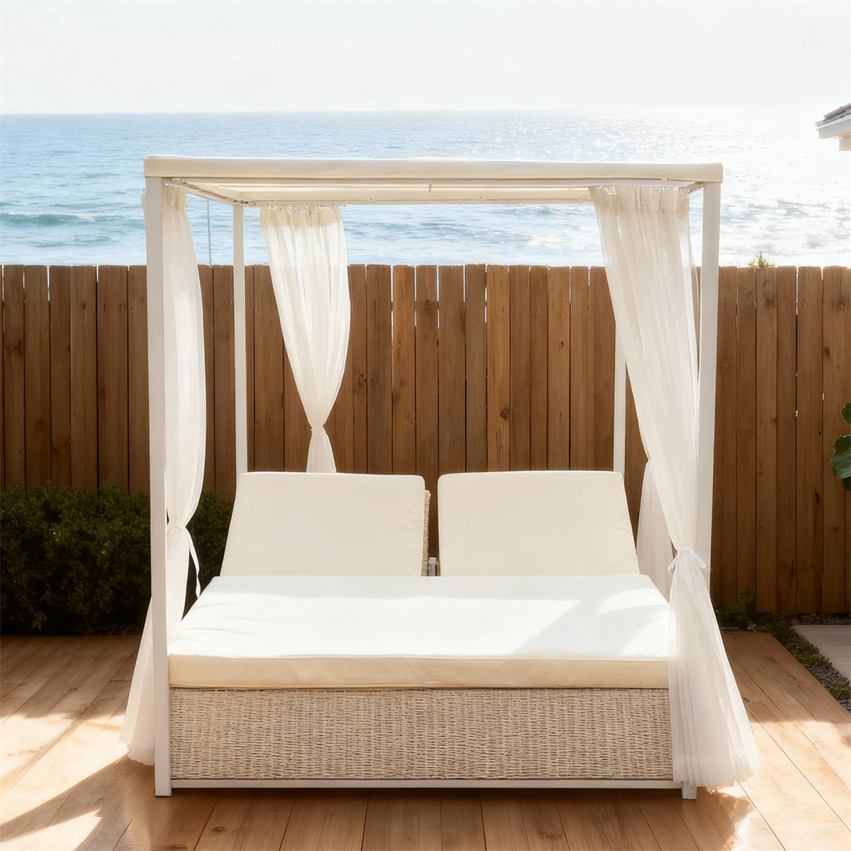 TYSF2512 White Rattan 4-Poster Outdoor Daybed with Sheer Curtains & Cream Cushions – Bali Jimbaran Beach Coastal Pool Terrace Luxury Private Outdoor Canopy Daybed