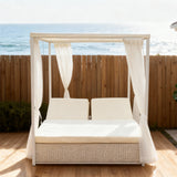 TYSF2512 White Rattan 4-Poster Outdoor Daybed with Sheer Curtains & Cream Cushions – Bali Jimbaran Beach Coastal Pool Terrace Luxury Private Outdoor Canopy Daybed