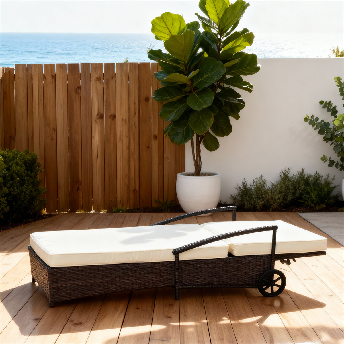 TYSF2513 Dark Brown Rattan Wheeled Adjustable Outdoor Sun Lounger with Cream Cushions – Malibu California Coastal Terrace Luxury Mobile Outdoor Reclining Sunbed
