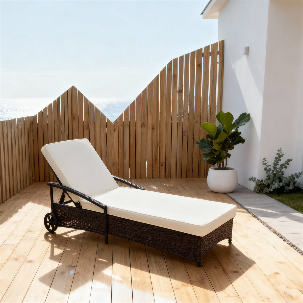 TYSF2513 Dark Brown Rattan Wheeled Adjustable Outdoor Sun Lounger with Cream Cushions – Malibu California Coastal Terrace Luxury Mobile Outdoor Reclining Sunbed