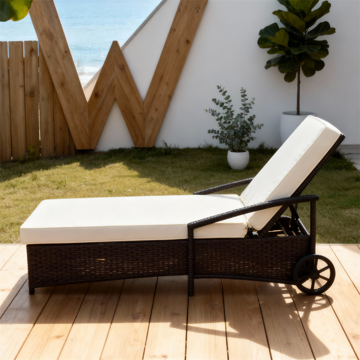 TYSF2513 Dark Brown Rattan Wheeled Adjustable Outdoor Sun Lounger with Cream Cushions – Malibu California Coastal Terrace Luxury Mobile Outdoor Reclining Sunbed
