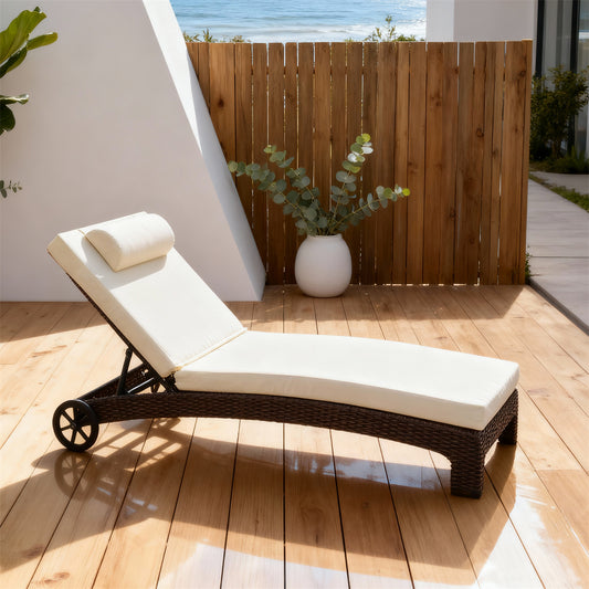 TYSF2514 Dark Brown Rattan Wheeled Curved Outdoor Sun Lounger with Cream Pillow & Cushion – Manhattan Beach LA Coastal Terrace Luxury Mobile Outdoor Reclining Sunbed
