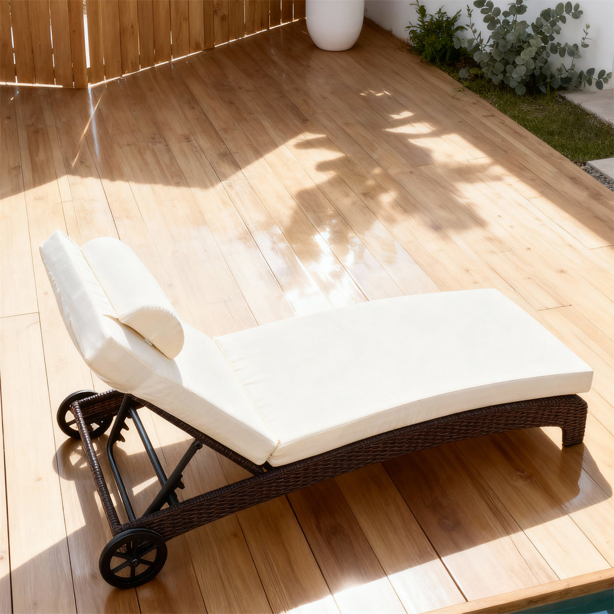 TYSF2514 Dark Brown Rattan Wheeled Curved Outdoor Sun Lounger with Cream Pillow & Cushion – Manhattan Beach LA Coastal Terrace Luxury Mobile Outdoor Reclining Sunbed