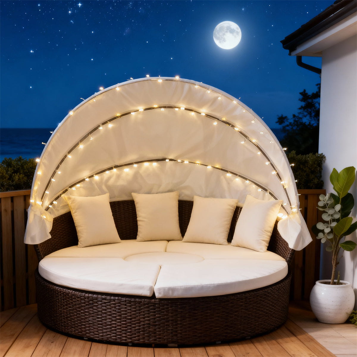 TYSF2515 Brown Rattan Circular Outdoor Daybed with Canopy String Lights & Cream Cushions – Maui Hawaii Coastal Pool Terrace Luxury Day-Night Outdoor Canopy Daybed