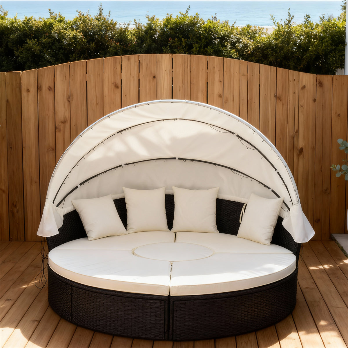TYSF2515 Brown Rattan Circular Outdoor Daybed with Canopy String Lights & Cream Cushions – Maui Hawaii Coastal Pool Terrace Luxury Day-Night Outdoor Canopy Daybed