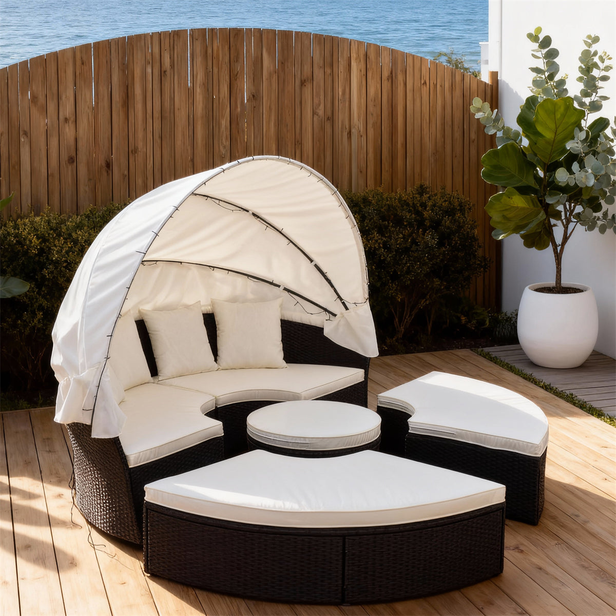 TYSF2515 Brown Rattan Circular Outdoor Daybed with Canopy String Lights & Cream Cushions – Maui Hawaii Coastal Pool Terrace Luxury Day-Night Outdoor Canopy Daybed