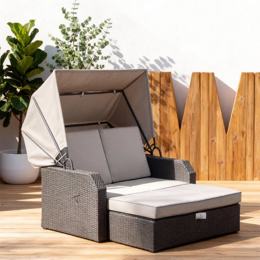 TYSF2516 Grey Rattan Canopied Convertible Outdoor Lounge Chair with Storage Ottoman & Light Grey Cushions – Nice France Coastal Terrace Luxury Multi-Functional Outdoor Canopy Chair