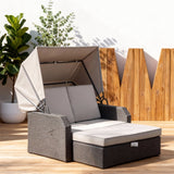 TYSF2516 Grey Rattan Canopied Convertible Outdoor Lounge Chair with Storage Ottoman & Light Grey Cushions – Nice France Coastal Terrace Luxury Multi-Functional Outdoor Canopy Chair