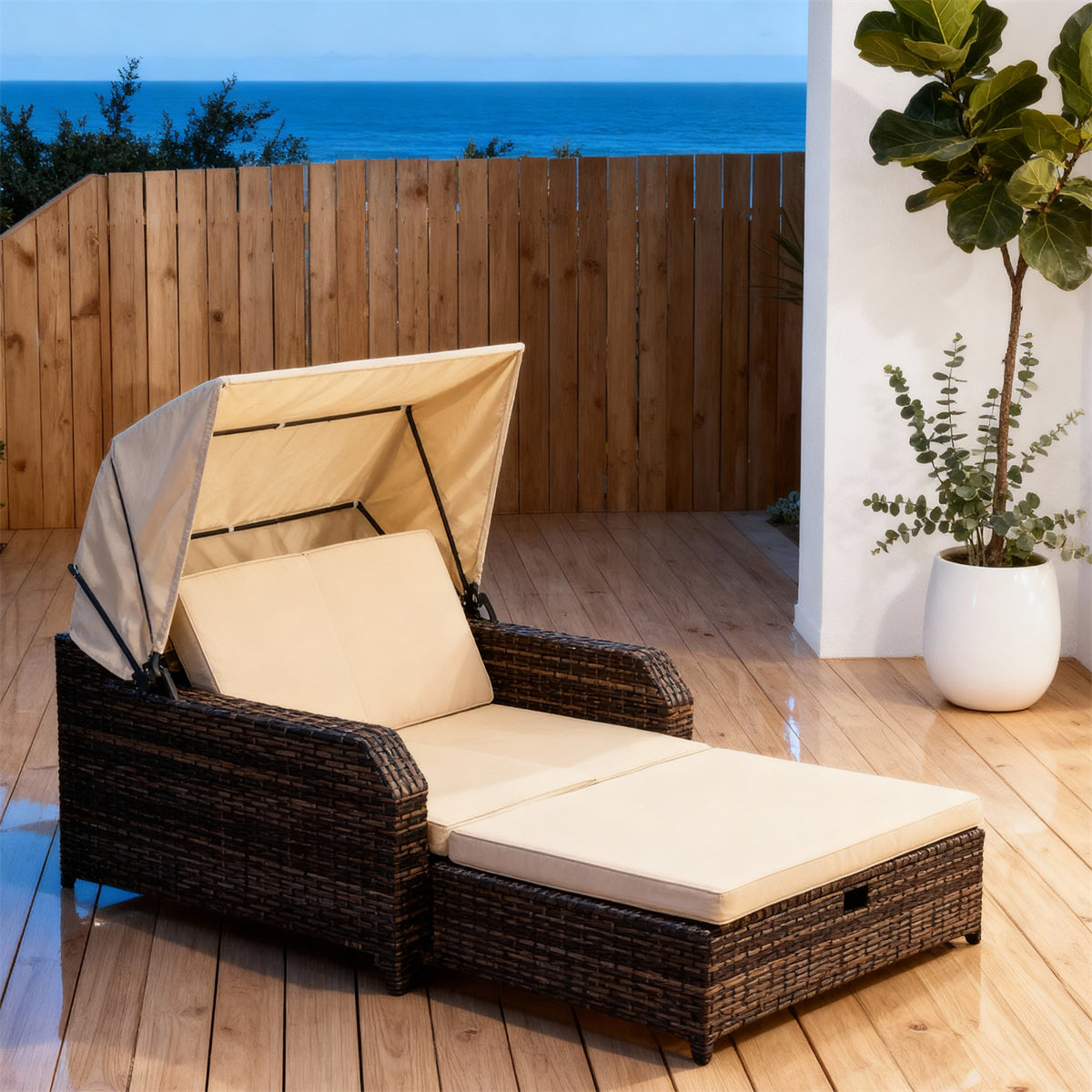 TYSF2516 Grey Rattan Canopied Convertible Outdoor Lounge Chair with Storage Ottoman & Light Grey Cushions – Nice France Coastal Terrace Luxury Multi-Functional Outdoor Canopy Chair