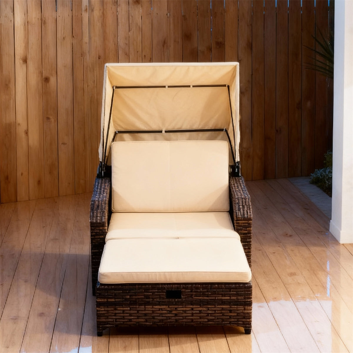 TYSF2516 Grey Rattan Canopied Convertible Outdoor Lounge Chair with Storage Ottoman & Light Grey Cushions – Nice France Coastal Terrace Luxury Multi-Functional Outdoor Canopy Chair