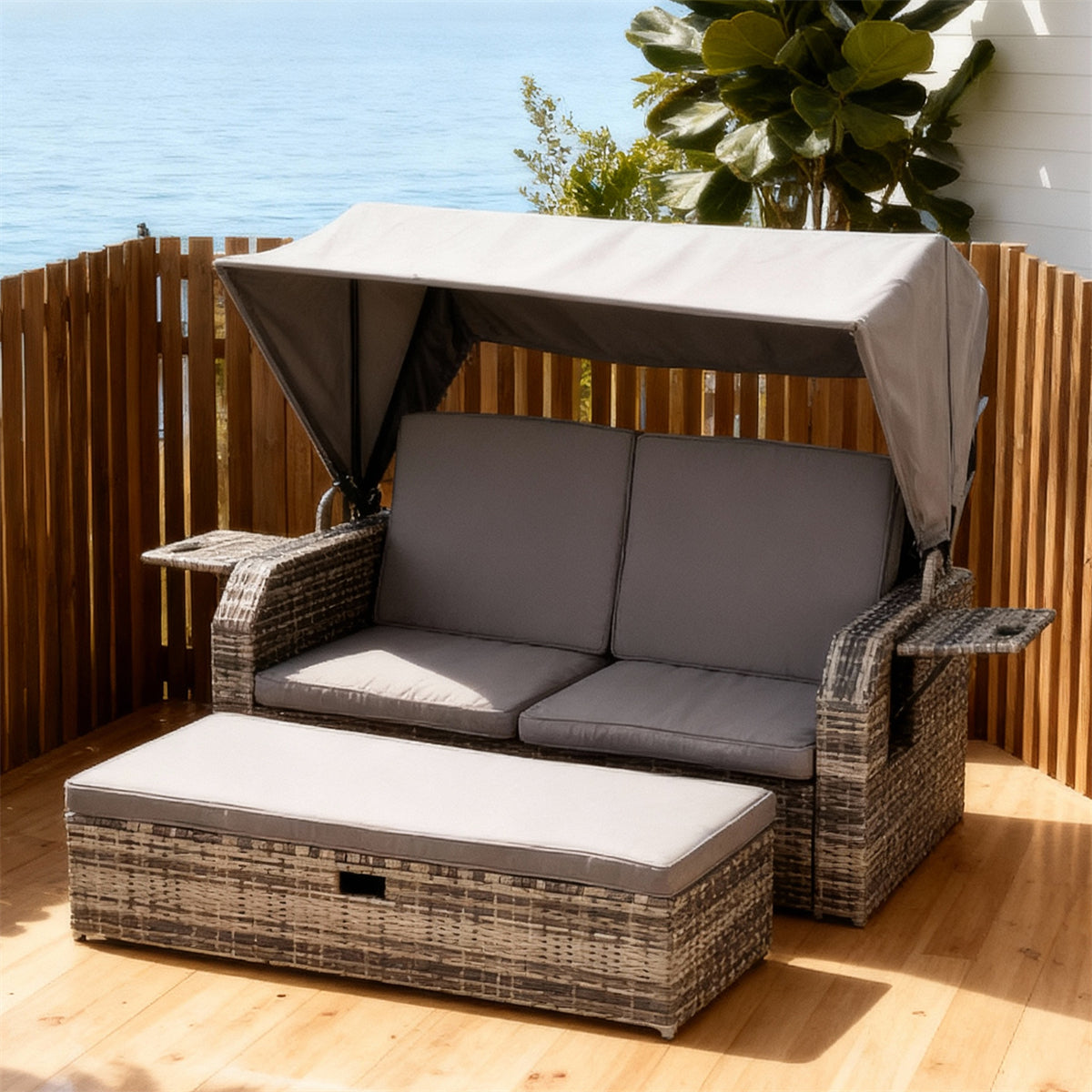 TYSF2516 Grey Rattan Canopied Convertible Outdoor Lounge Chair with Storage Ottoman & Light Grey Cushions – Nice France Coastal Terrace Luxury Multi-Functional Outdoor Canopy Chair