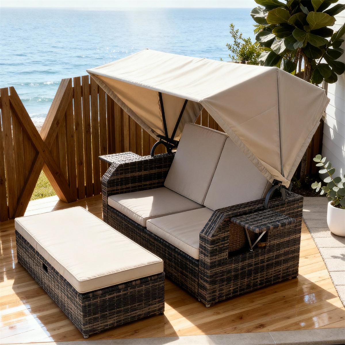 TYSF2516 Grey Rattan Canopied Convertible Outdoor Lounge Chair with Storage Ottoman & Light Grey Cushions – Nice France Coastal Terrace Luxury Multi-Functional Outdoor Canopy Chair
