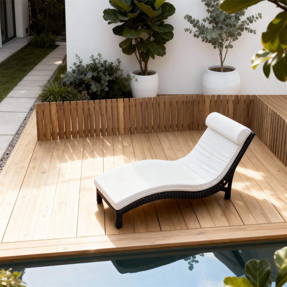 TYSF2517 Black Rattan Curved Outdoor Sun Lounger with Bold Red Cushion – Marrakech Morocco Coastal Pool Terrace Luxury Contrast-Color Outdoor Reclining Sunbed