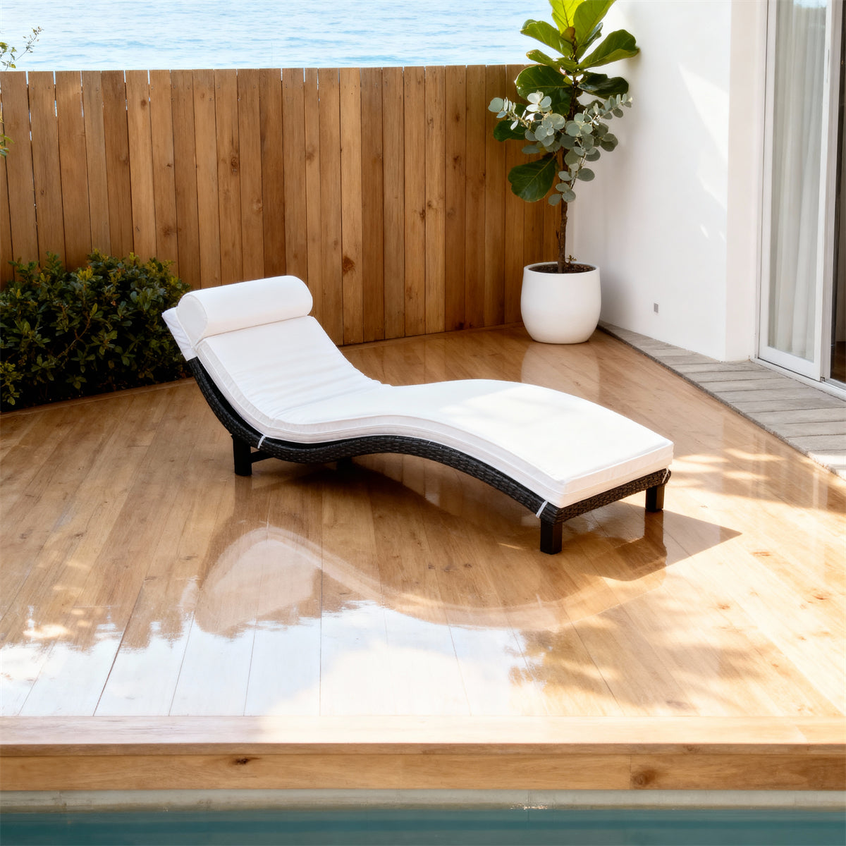 TYSF2517 Black Rattan Curved Outdoor Sun Lounger with Bold Red Cushion – Marrakech Morocco Coastal Pool Terrace Luxury Contrast-Color Outdoor Reclining Sunbed