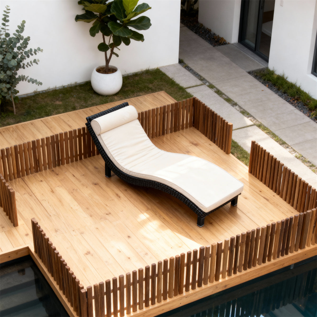 TYSF2517 Black Rattan Curved Outdoor Sun Lounger with Bold Red Cushion – Marrakech Morocco Coastal Pool Terrace Luxury Contrast-Color Outdoor Reclining Sunbed