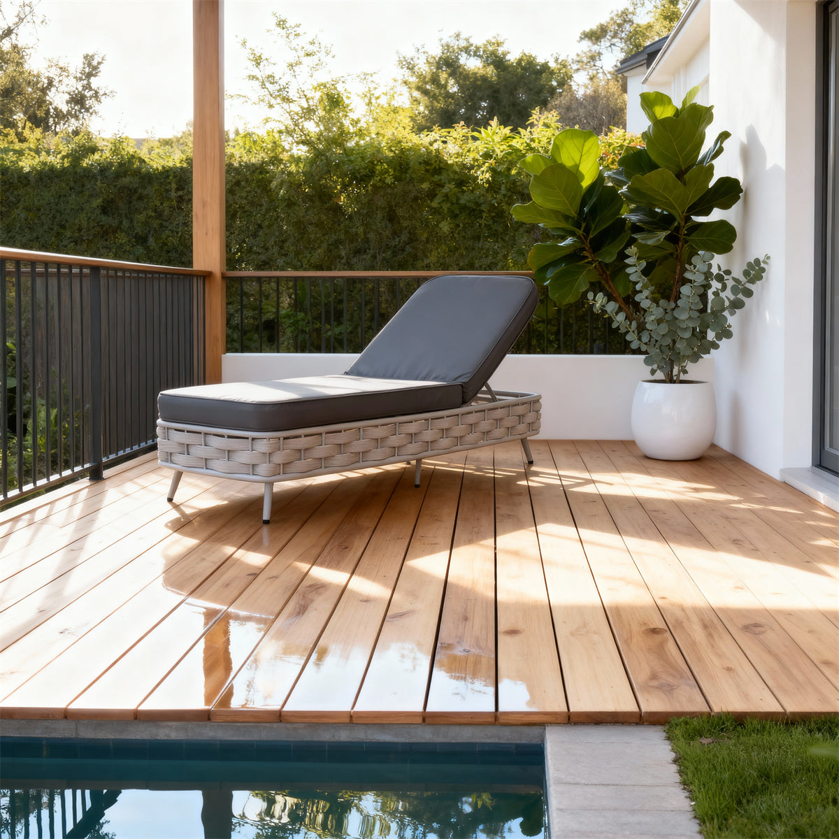 TYSF2518 Light White Rattan Adjustable Outdoor Sun Lounger with Light Grey Cushion – Vancouver Island Coastal Terrace Luxury Minimalist Outdoor Reclining Sunbed